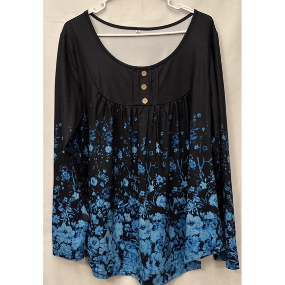 The Unbranded Brand Tops - Women's Black Blue Floral Ombre Long Sleeve Faux Button Shirt Size XL